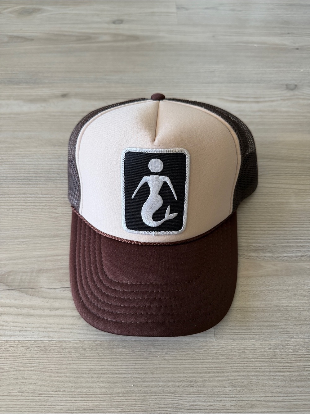 Brown and Cream Trucker Hat with Mermaid Patch